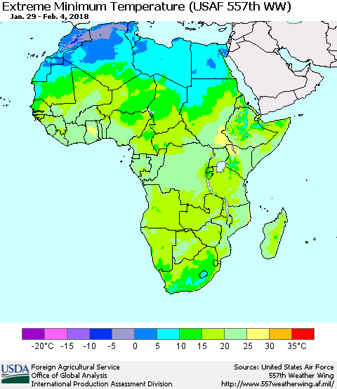 Africa Minimum Daily Temperature (USAF 557th WW) Thematic Map For 1/29/2018 - 2/4/2018