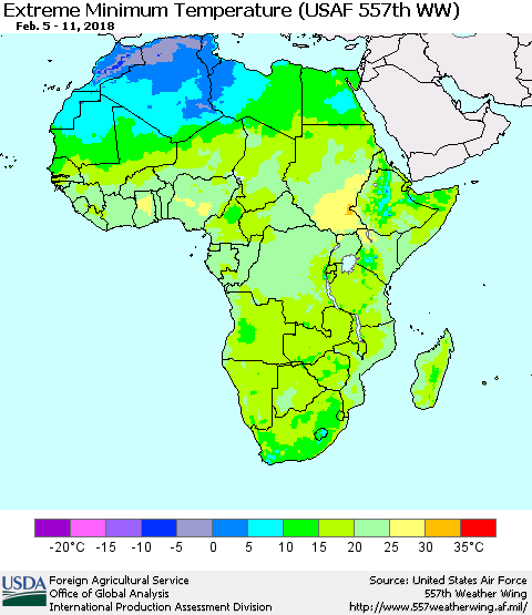 Africa Minimum Daily Temperature (USAF 557th WW) Thematic Map For 2/5/2018 - 2/11/2018