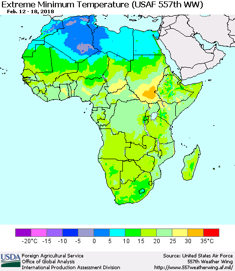 Africa Minimum Daily Temperature (USAF 557th WW) Thematic Map For 2/12/2018 - 2/18/2018