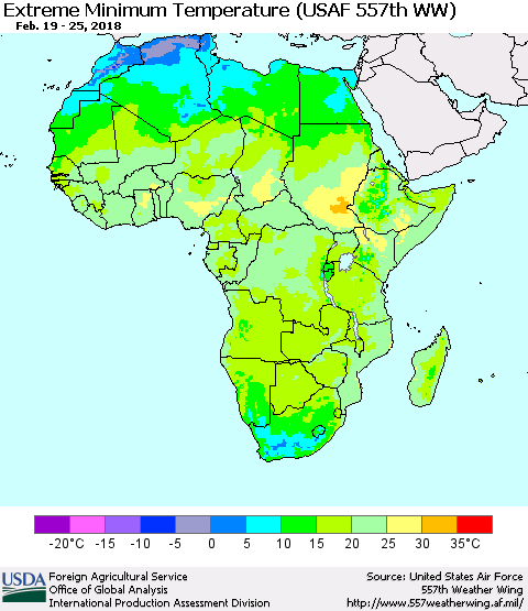 Africa Minimum Daily Temperature (USAF 557th WW) Thematic Map For 2/19/2018 - 2/25/2018