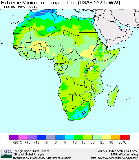 Africa Minimum Daily Temperature (USAF 557th WW) Thematic Map For 2/26/2018 - 3/4/2018