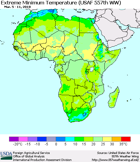 Africa Minimum Daily Temperature (USAF 557th WW) Thematic Map For 3/5/2018 - 3/11/2018