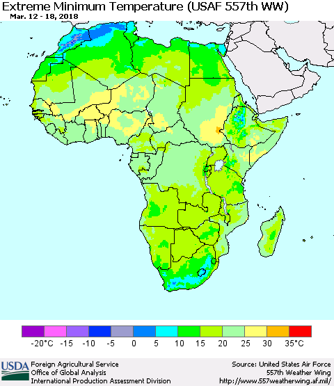 Africa Minimum Daily Temperature (USAF 557th WW) Thematic Map For 3/12/2018 - 3/18/2018