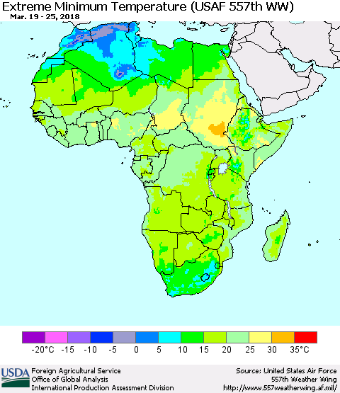 Africa Minimum Daily Temperature (USAF 557th WW) Thematic Map For 3/19/2018 - 3/25/2018