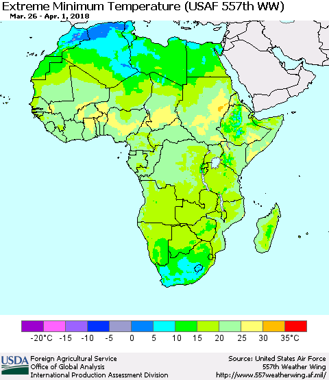 Africa Minimum Daily Temperature (USAF 557th WW) Thematic Map For 3/26/2018 - 4/1/2018