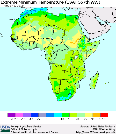 Africa Minimum Daily Temperature (USAF 557th WW) Thematic Map For 4/2/2018 - 4/8/2018