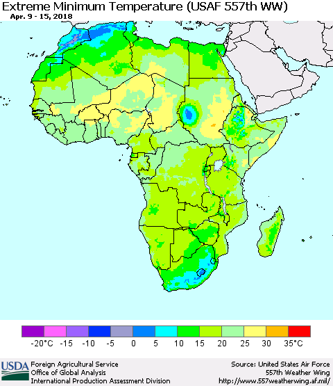 Africa Minimum Daily Temperature (USAF 557th WW) Thematic Map For 4/9/2018 - 4/15/2018