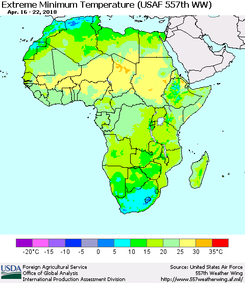 Africa Minimum Daily Temperature (USAF 557th WW) Thematic Map For 4/16/2018 - 4/22/2018