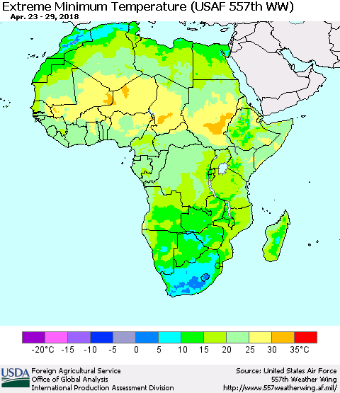 Africa Minimum Daily Temperature (USAF 557th WW) Thematic Map For 4/23/2018 - 4/29/2018