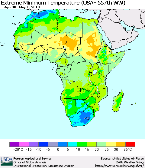 Africa Minimum Daily Temperature (USAF 557th WW) Thematic Map For 4/30/2018 - 5/6/2018