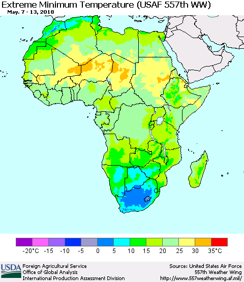 Africa Minimum Daily Temperature (USAF 557th WW) Thematic Map For 5/7/2018 - 5/13/2018