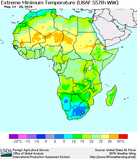 Africa Minimum Daily Temperature (USAF 557th WW) Thematic Map For 5/14/2018 - 5/20/2018