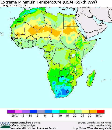 Africa Minimum Daily Temperature (USAF 557th WW) Thematic Map For 5/21/2018 - 5/27/2018