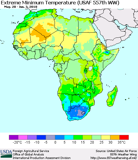 Africa Minimum Daily Temperature (USAF 557th WW) Thematic Map For 5/28/2018 - 6/3/2018