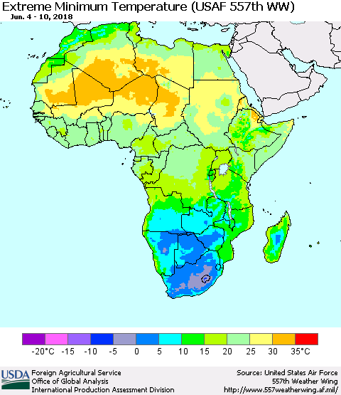 Africa Minimum Daily Temperature (USAF 557th WW) Thematic Map For 6/4/2018 - 6/10/2018