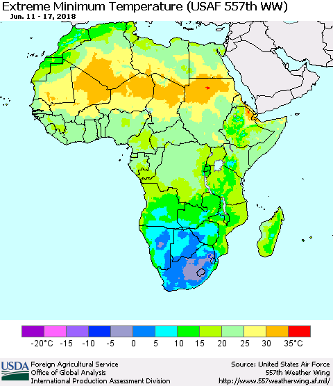 Africa Minimum Daily Temperature (USAF 557th WW) Thematic Map For 6/11/2018 - 6/17/2018