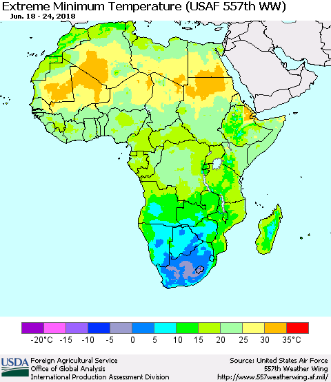 Africa Minimum Daily Temperature (USAF 557th WW) Thematic Map For 6/18/2018 - 6/24/2018