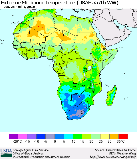 Africa Minimum Daily Temperature (USAF 557th WW) Thematic Map For 6/25/2018 - 7/1/2018