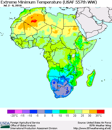 Africa Minimum Daily Temperature (USAF 557th WW) Thematic Map For 7/2/2018 - 7/8/2018