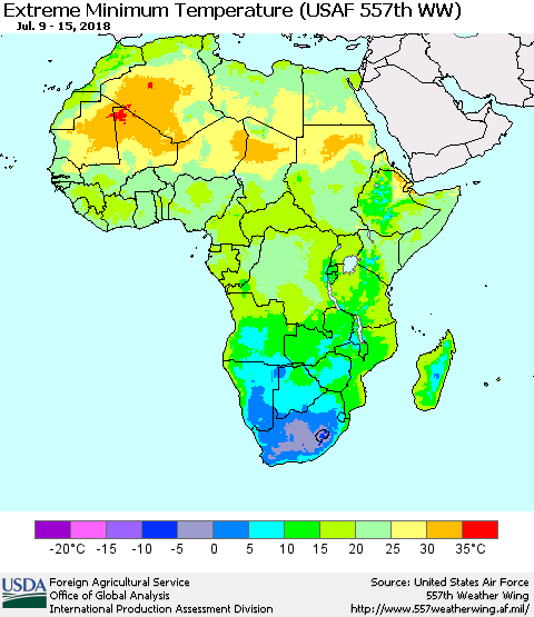 Africa Minimum Daily Temperature (USAF 557th WW) Thematic Map For 7/9/2018 - 7/15/2018