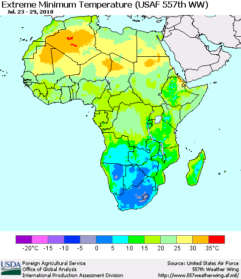 Africa Minimum Daily Temperature (USAF 557th WW) Thematic Map For 7/23/2018 - 7/29/2018
