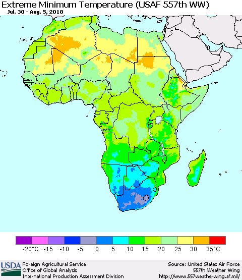 Africa Minimum Daily Temperature (USAF 557th WW) Thematic Map For 7/30/2018 - 8/5/2018