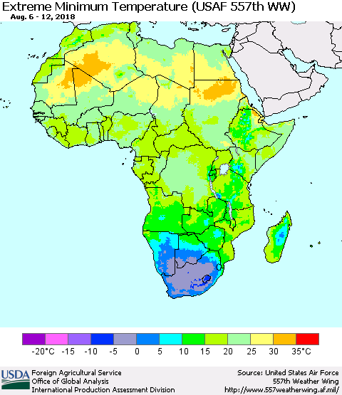 Africa Minimum Daily Temperature (USAF 557th WW) Thematic Map For 8/6/2018 - 8/12/2018