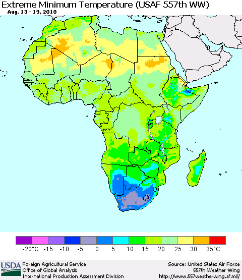 Africa Minimum Daily Temperature (USAF 557th WW) Thematic Map For 8/13/2018 - 8/19/2018
