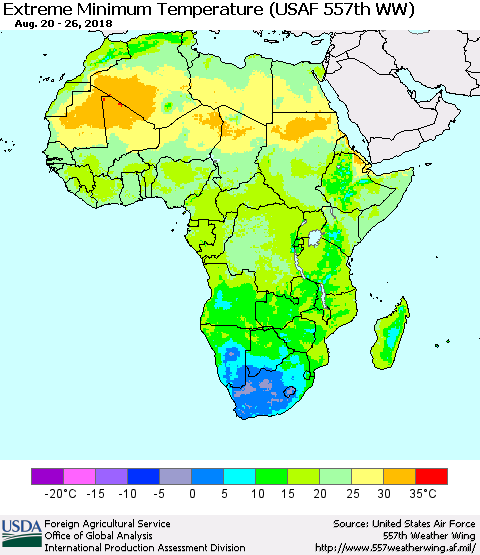 Africa Minimum Daily Temperature (USAF 557th WW) Thematic Map For 8/20/2018 - 8/26/2018
