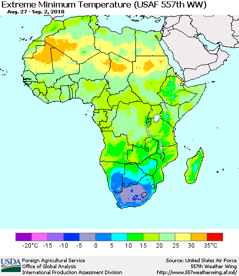 Africa Minimum Daily Temperature (USAF 557th WW) Thematic Map For 8/27/2018 - 9/2/2018