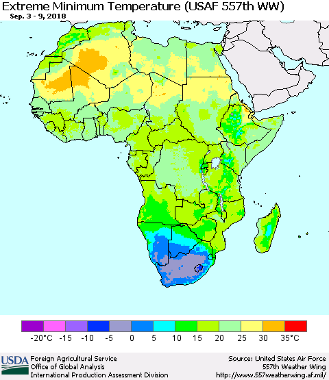 Africa Minimum Daily Temperature (USAF 557th WW) Thematic Map For 9/3/2018 - 9/9/2018