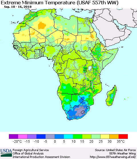 Africa Minimum Daily Temperature (USAF 557th WW) Thematic Map For 9/10/2018 - 9/16/2018