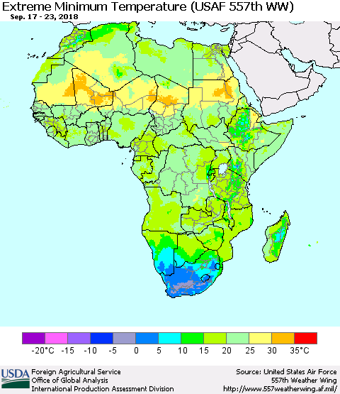 Africa Minimum Daily Temperature (USAF 557th WW) Thematic Map For 9/17/2018 - 9/23/2018