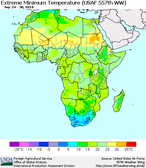 Africa Minimum Daily Temperature (USAF 557th WW) Thematic Map For 9/24/2018 - 9/30/2018