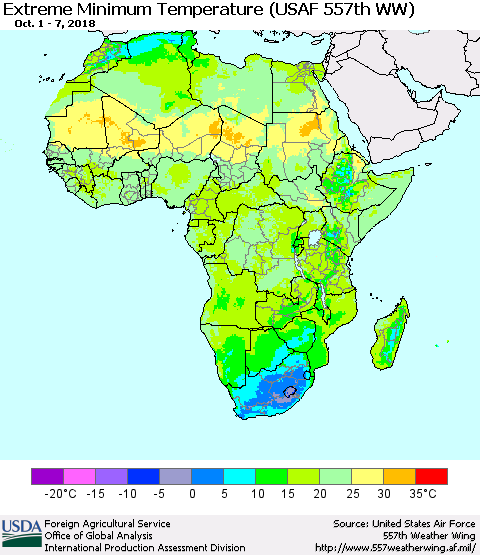 Africa Minimum Daily Temperature (USAF 557th WW) Thematic Map For 10/1/2018 - 10/7/2018
