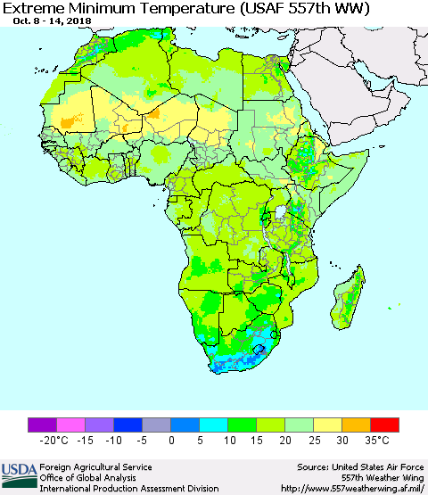 Africa Minimum Daily Temperature (USAF 557th WW) Thematic Map For 10/8/2018 - 10/14/2018