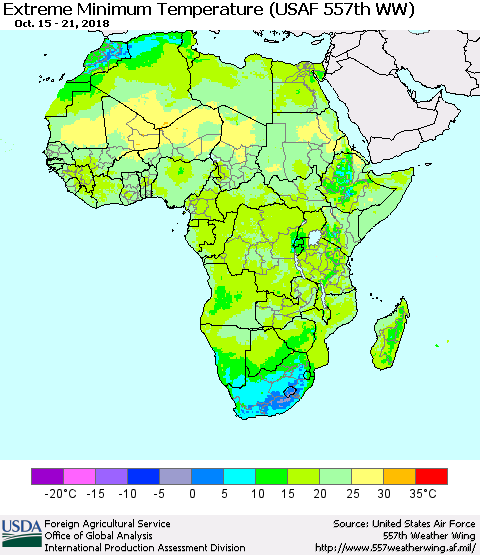 Africa Minimum Daily Temperature (USAF 557th WW) Thematic Map For 10/15/2018 - 10/21/2018