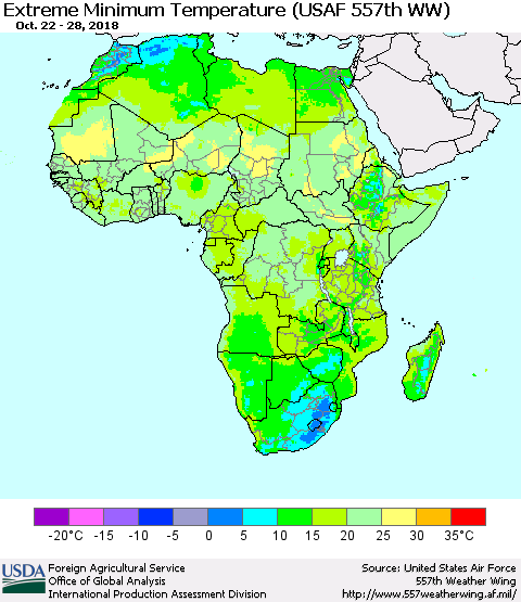 Africa Minimum Daily Temperature (USAF 557th WW) Thematic Map For 10/22/2018 - 10/28/2018