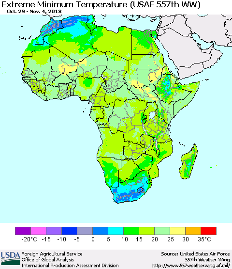 Africa Minimum Daily Temperature (USAF 557th WW) Thematic Map For 10/29/2018 - 11/4/2018