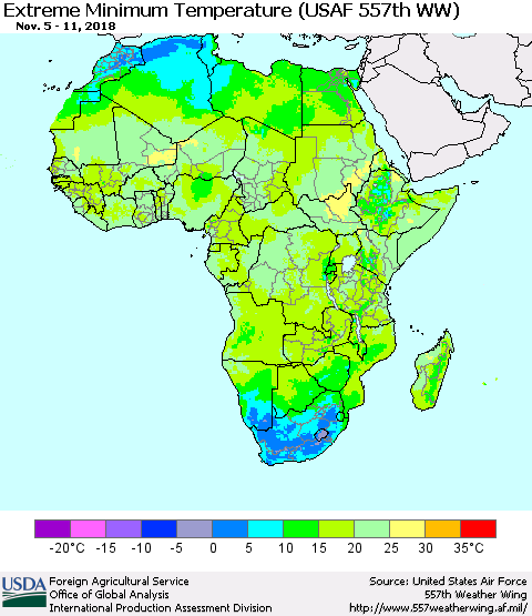 Africa Minimum Daily Temperature (USAF 557th WW) Thematic Map For 11/5/2018 - 11/11/2018