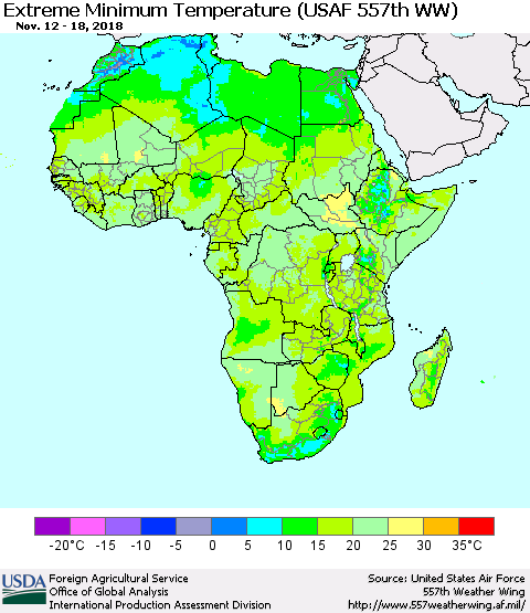 Africa Minimum Daily Temperature (USAF 557th WW) Thematic Map For 11/12/2018 - 11/18/2018