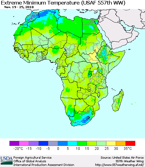 Africa Minimum Daily Temperature (USAF 557th WW) Thematic Map For 11/19/2018 - 11/25/2018