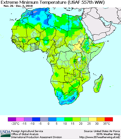 Africa Minimum Daily Temperature (USAF 557th WW) Thematic Map For 11/26/2018 - 12/2/2018