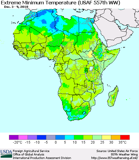 Africa Minimum Daily Temperature (USAF 557th WW) Thematic Map For 12/3/2018 - 12/9/2018