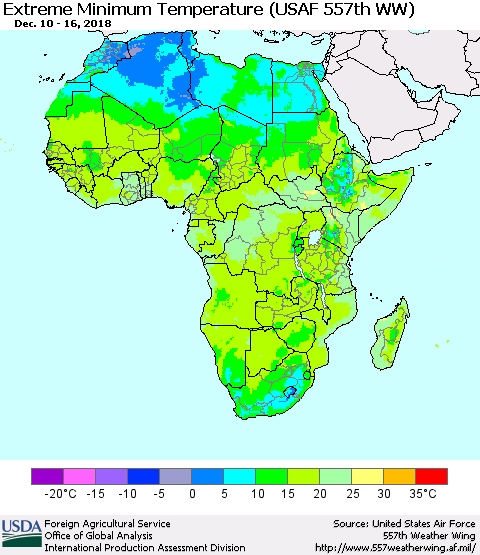 Africa Minimum Daily Temperature (USAF 557th WW) Thematic Map For 12/10/2018 - 12/16/2018