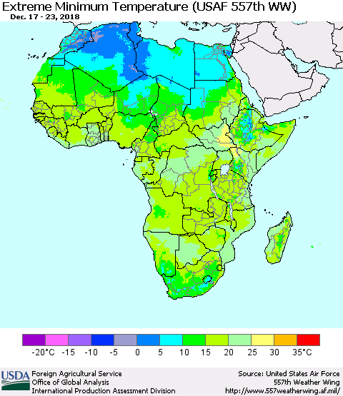 Africa Minimum Daily Temperature (USAF 557th WW) Thematic Map For 12/17/2018 - 12/23/2018