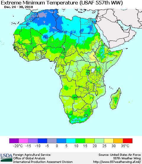 Africa Minimum Daily Temperature (USAF 557th WW) Thematic Map For 12/24/2018 - 12/30/2018