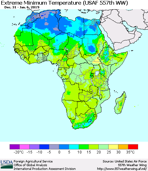 Africa Minimum Daily Temperature (USAF 557th WW) Thematic Map For 12/31/2018 - 1/6/2019