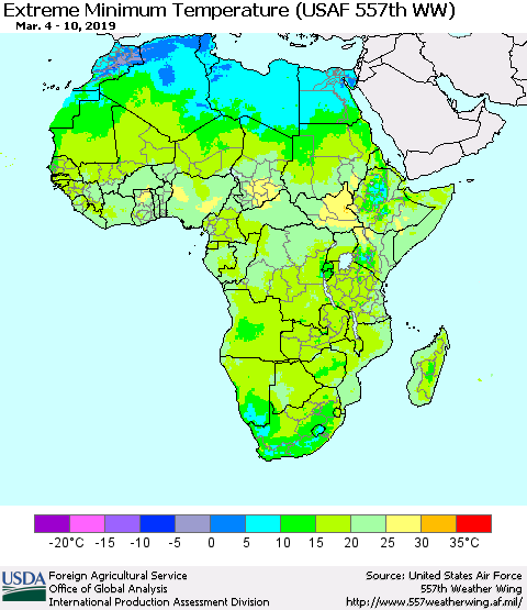 Africa Minimum Daily Temperature (USAF 557th WW) Thematic Map For 3/4/2019 - 3/10/2019