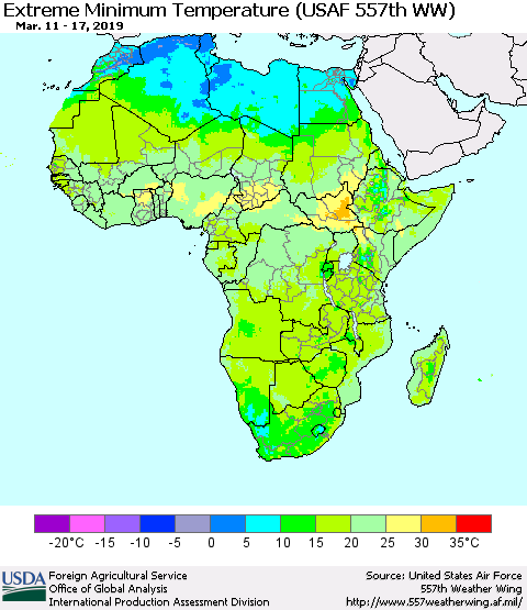 Africa Minimum Daily Temperature (USAF 557th WW) Thematic Map For 3/11/2019 - 3/17/2019